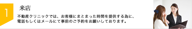 STEP1:来店　不動産クリニックでは、お客様にまとまった時間を提供する為に、電話もしくはメールにて事前のご予約をお願いしております。