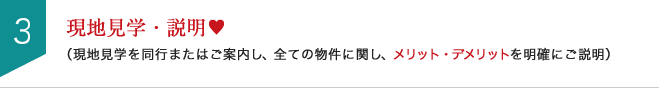 現地見学・説明（現地見学を同行または御案内し、全ての物件に関し、メリット・デメリットを明確にご説明