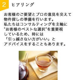 STEP2：ヒアリング　お客様のご要望とプロの意見を交えて物件探しの準備を行います。 私たちはコンサルティングを主軸に”お客様のベストな選択”を重要視しているため、時には「引っ越さない方がいい」とアドバイスをすることもあります。