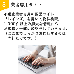 STEP3：業者専用サイト　不動産業者専用の国営サイト「レインズ」を用いて物件検索。1,000件以上の膨大な情報からお客様と一緒に絞込をしていきます。（ここまでしっかりお探しするのは当社だけです。）