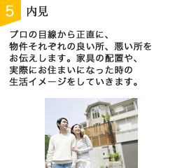 STEP5：内見　プロの目線から正直に、物件それぞれの良い所、悪い所をお伝えします。家具の配置や、実際にお住まいになった時の生活イメージをしていきます。